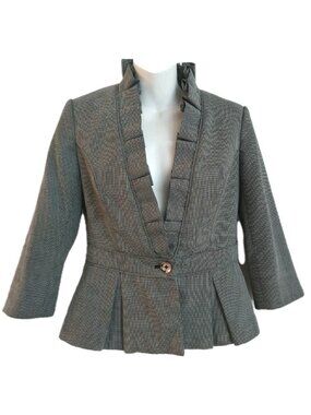WHBM Peplum Plaid Blazer Women Size 2 Gray Ruffle Trim